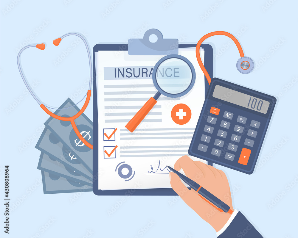 Business card with medical insurance men hand for medical design. Business card. Vector flat illustration. Business card with medical insurance men hand for medical design. Business card. Vector flat illustration.