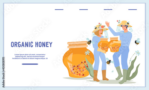 Website banner for sale of apiary and honey products with beekeepers. Extraction of honey and beekeeping. Landing page for honey store or bee-garden, flat vector illustration.