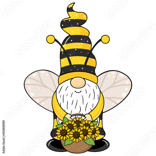 Cute gnome with sunflowers and bees photo