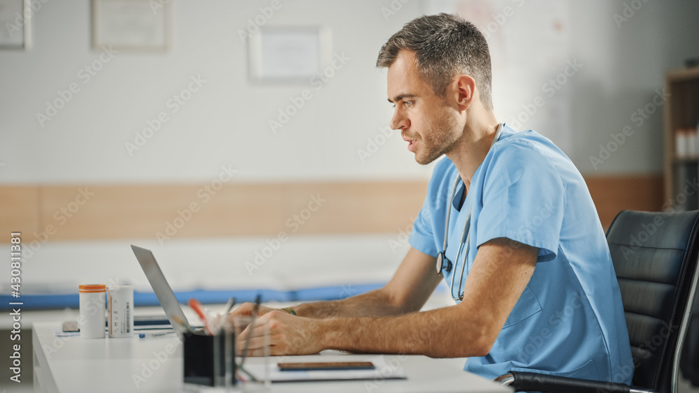 Experienced Male Nurse Wearing Blue Uniform Working on Laptop Computer at  Doctor's Office. Medical Health Care Professional Working On Battling  Stereotypes to Gender Diversity in Nursing Career. Stock-Foto | Adobe Stock