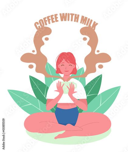 A cute girl or woman sits in a lotus position and holds a cup of coffee with milk in front of her. Background with leaves. Vector illustration in pastel colors.
