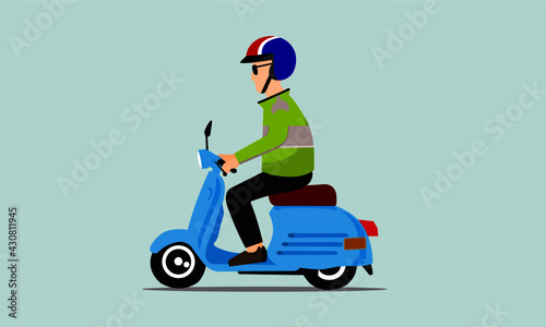 Man riding  motorcycle wearing helmet. Cool blue vintage scooter. Urban life ride motorbike in the city.