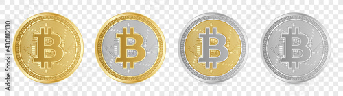 Realistic golden cryptocurrency mining coin pack in four different color types with checkerboard background.
