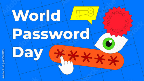 World Password Day vector illustration isolated on blue background. Security eye concept, key icon in speech bubble and password strength round sticker. Flat thin line style.