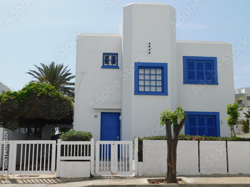 Greek style house in blue and white on Cyprus island. photo