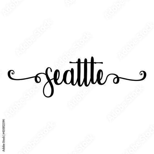 Banner con texto manuscrito seattle escrito a mano con florituras en color negro