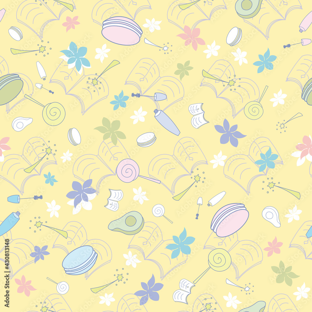 Naklejka premium Sunny books and candy seamless pattern design