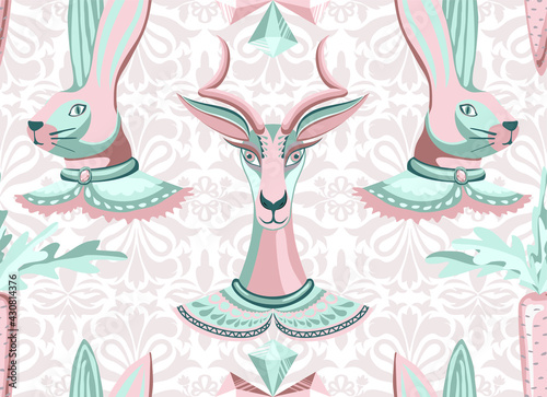 Seamless vector pattern of gems similar to diamonds, goat, rabbit and carrot. Original trendy texture background with unusual characters