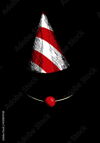 vector illustration of a paper hat and clown nose on a dark background.