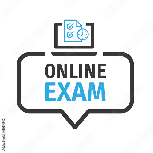online exams - computer tests and examination paper - speech bubble with icon and text