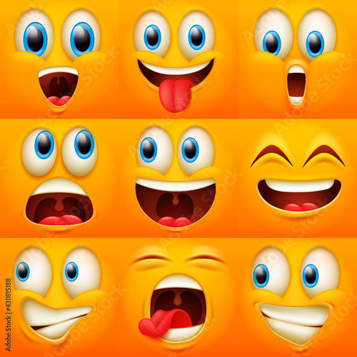 Emoji faces. Funny face expressions, caricature emotions. Cute character with different expressive eyes and mouth,