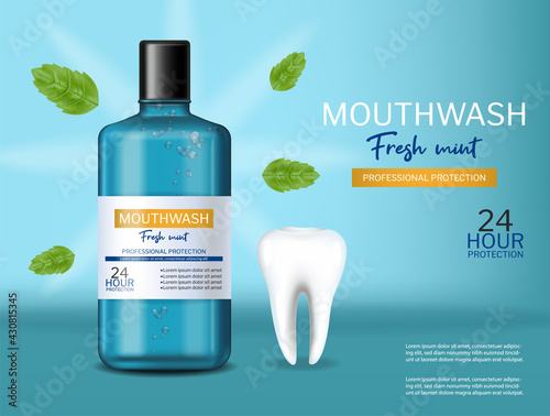 Mouthwash oral care fresh mint Vector realistic. Product placement mock ups