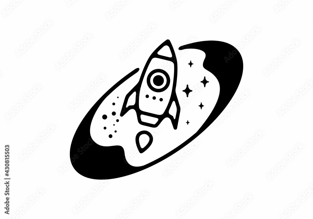 Black line art illustration of rocket in tilted oval shape Black line art illustration of rocket in tilted oval shape
