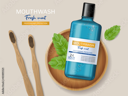 Mouthwash and bamboo brush Vector realistic. Product placement mock ups