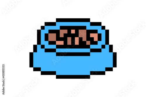 Blue bowl with pet food, pixel art icon isolated on white background. Cat/dog dish. Old school vintage retro 80s-90s video game graphics.