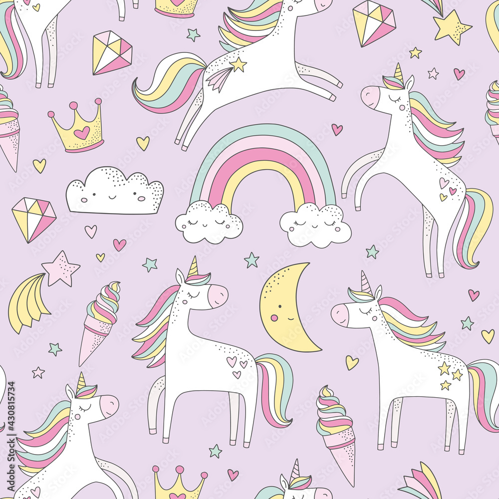 Cute Unicorn vector pattern with rainbows, clouds, ice cream, crown. Baby girl, teen room decor, fabric, poster, clothing. Cute Unicorn vector pattern with rainbows, clouds, ice cream, crown. Baby girl, teen room decor, fabric, poster, clothing.