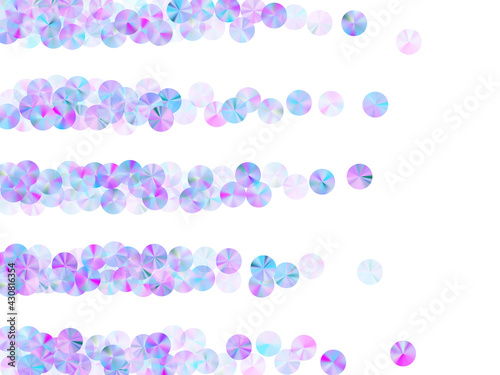 Iridescent sequins confetti placer vector background. Metallic glowing tinsel particles party decor flatlay. Christmas confetti scatter flickering pattern.