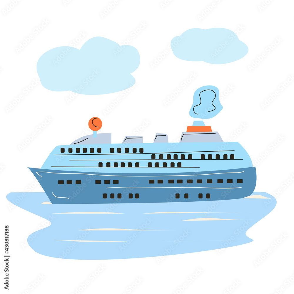 The cruise ship is sailing on the blue sea.
