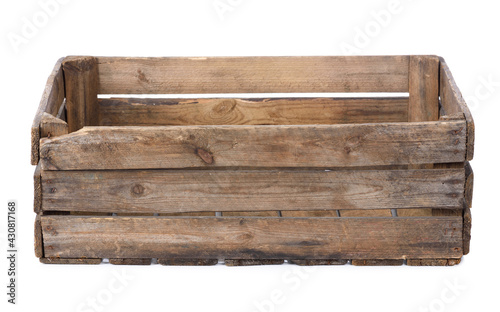 Wooden crate isolated on white background. Old empty vintage wood box. photo