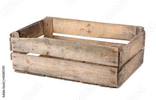 Wooden crate isolated on white background. Old empty vintage wood box.