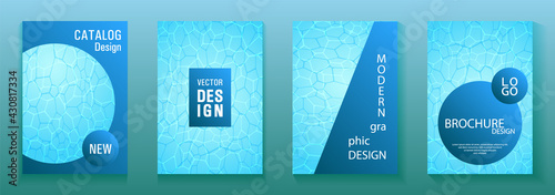 Catalog cover vector templates. Blue sea water waves texture backdrops.