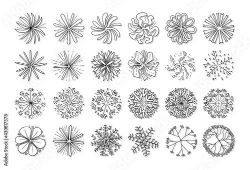 hand drawn vector set of top view tree isolated on white background. 