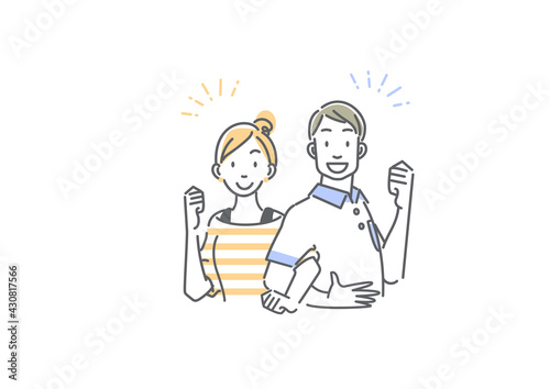 協力しあう夫婦　シンプルでお洒落な線画イラスト素材