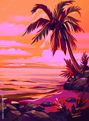 Fototapeta Naklejka Na Ścianę i Meble -  Tropical beach. Seascape, ocean landscape. Hand drawn illustration. Pencil drawing background