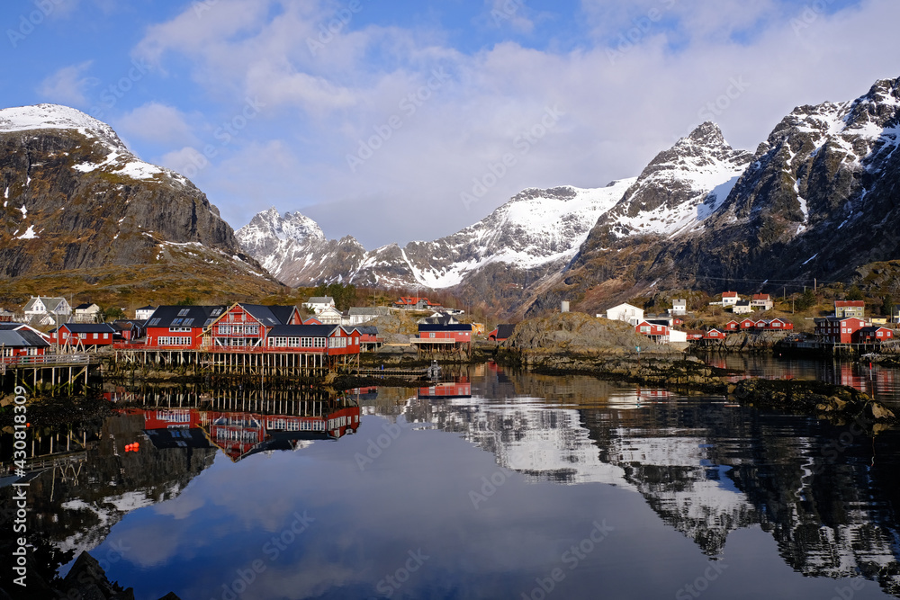 A i Lofoten harbour and mountains, Lofoten Islands, North Norway