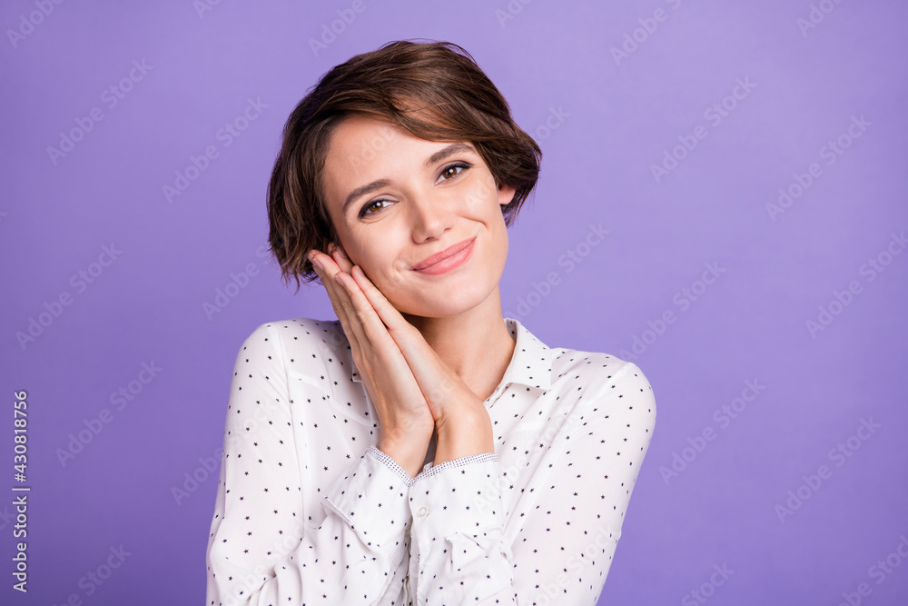Portrait of attractive cheery sweet calm girl manager enjoying pause break isolated over bright violet purple color background Portrait of attractive cheery sweet calm girl manager enjoying pause break isolated over bright violet purple color background