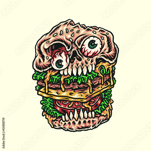 Skull burger hand drawn line style with digital color, vector illustration