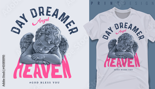 Graphic t-shirt design, Dreamer slogan with antique baby angel sleeping,vector illustration for t-shirt.