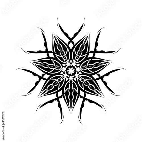Round mandala. Black and white oriental pattern. Ethnic motif. Coloring. Tattoo template, henna ornament. Psychedelic vector.
