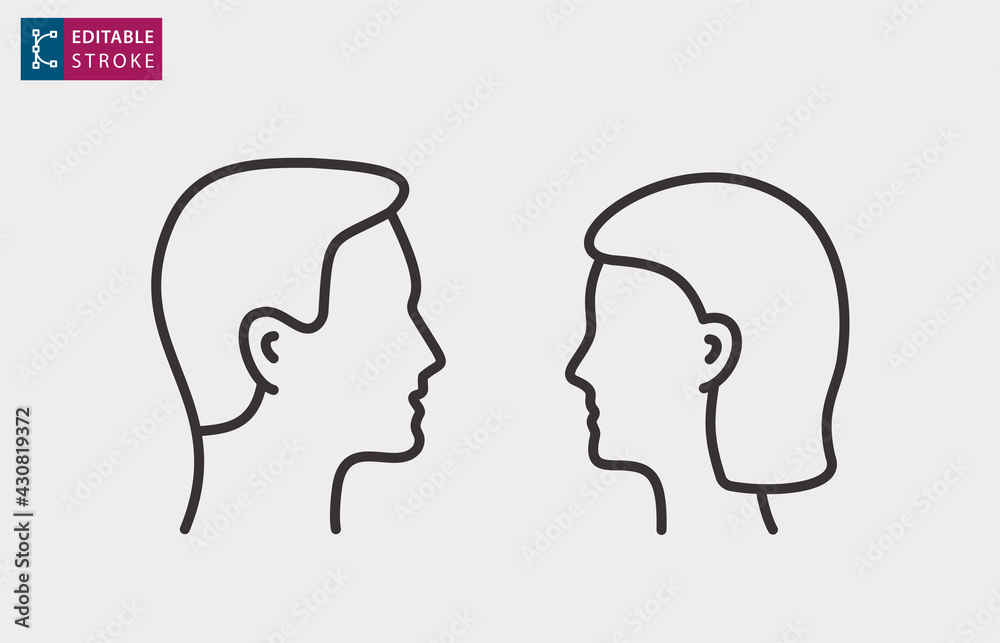 Man and woman profile vector line icons. Editable stroke.