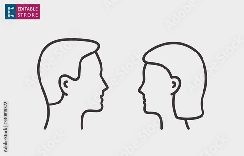 Man and woman profile vector line icons. Editable stroke.