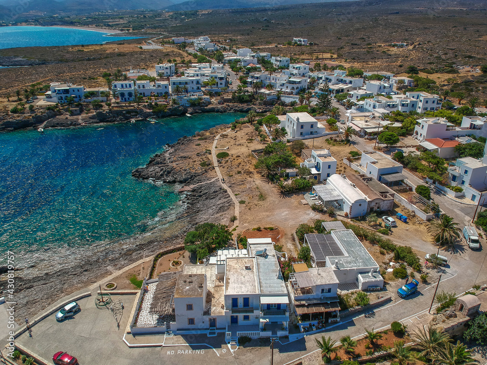 Aerial view of the picturesque seaside village Avlemonas or Avlemon in Kythera island, Greece.