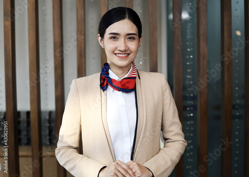 Asia reception woman smile portrait in reception area at hotel.