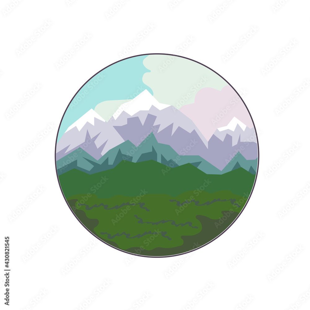 Beautiful mountain landscape in a round frame, abstract rocks and forest in Flat design style, Himalayas, Rocky Mountains or Rockies in frame, concept of Mountains and Hiking, Nature panorama.