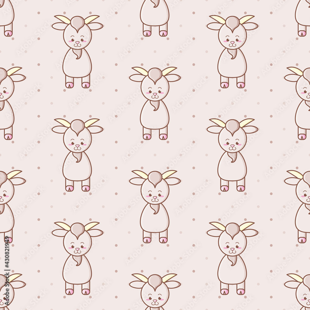 Kawaii goat seamless vector pattern with polka dot background. Cute farm animal illustration.