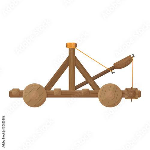 The catapult is a medieval wooden throwing tool used during military operations, for the siege and destruction of the walls of fortresses.Vector illustration isolated on white background.