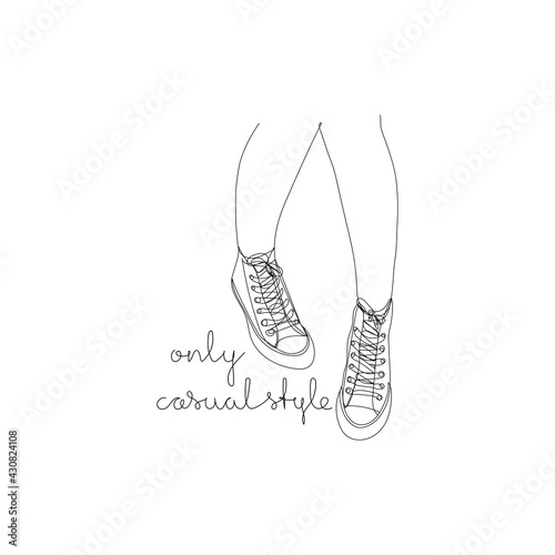 Only casual style - handwritten message. Woman legs wearing Converse sneakers, in single line drawing. 