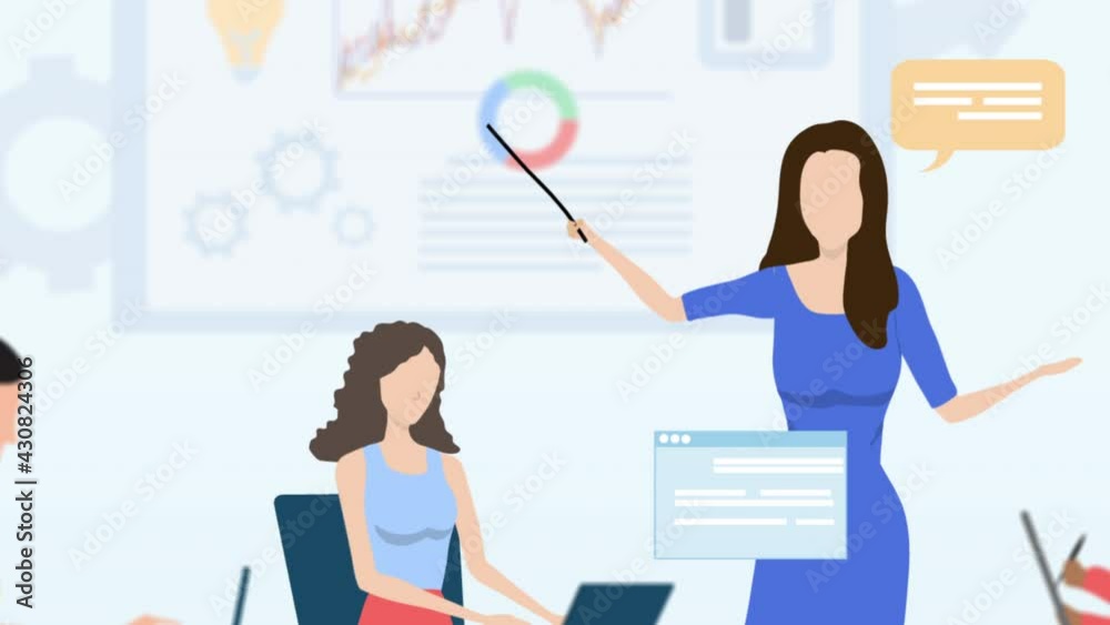 2D Motion graphics,Group of office workers sitting at desks and communicating or talking to each other. 2D Motion graphics,Group of office workers sitting at desks and communicating or talking to each other.