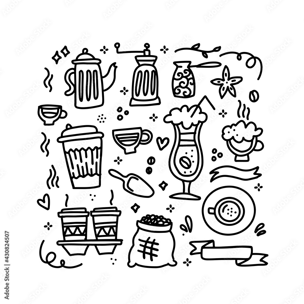 Cute doodle coffee shop icons set. Vector outline coffee drawings for cafe menu. Collection of Coffee linear doodles of cups, boans, pots. Cute doodle coffee shop icons set. Vector outline coffee drawings for cafe menu. Collection of Coffee linear doodles of cups, boans, pots.
