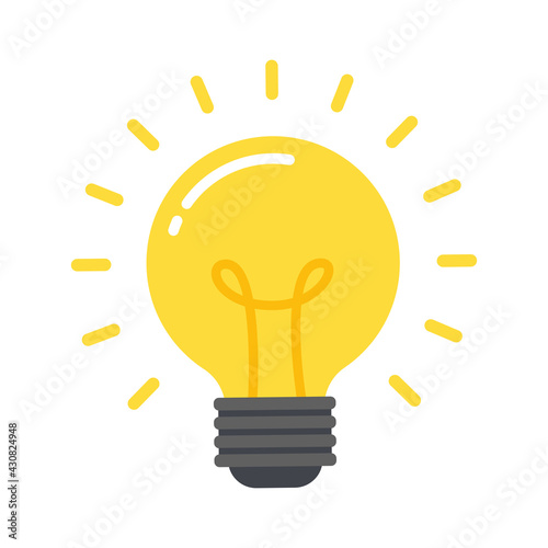 Glowing light bulb isolated on white background. Symbol concept of idea, knowledge, creativity, or inspiration. Simple trendy cute cartoon vector illustration. Modern flat style graphic design icon.