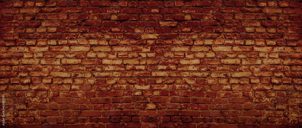 Red brick wall wide texture. Old rough brickwork panorama. Retro grunge large background