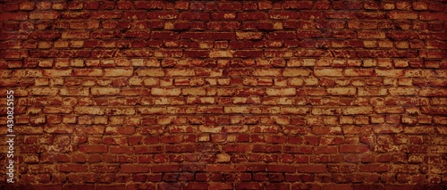 Red brick wall wide texture. Old rough brickwork panorama. Retro grunge large background