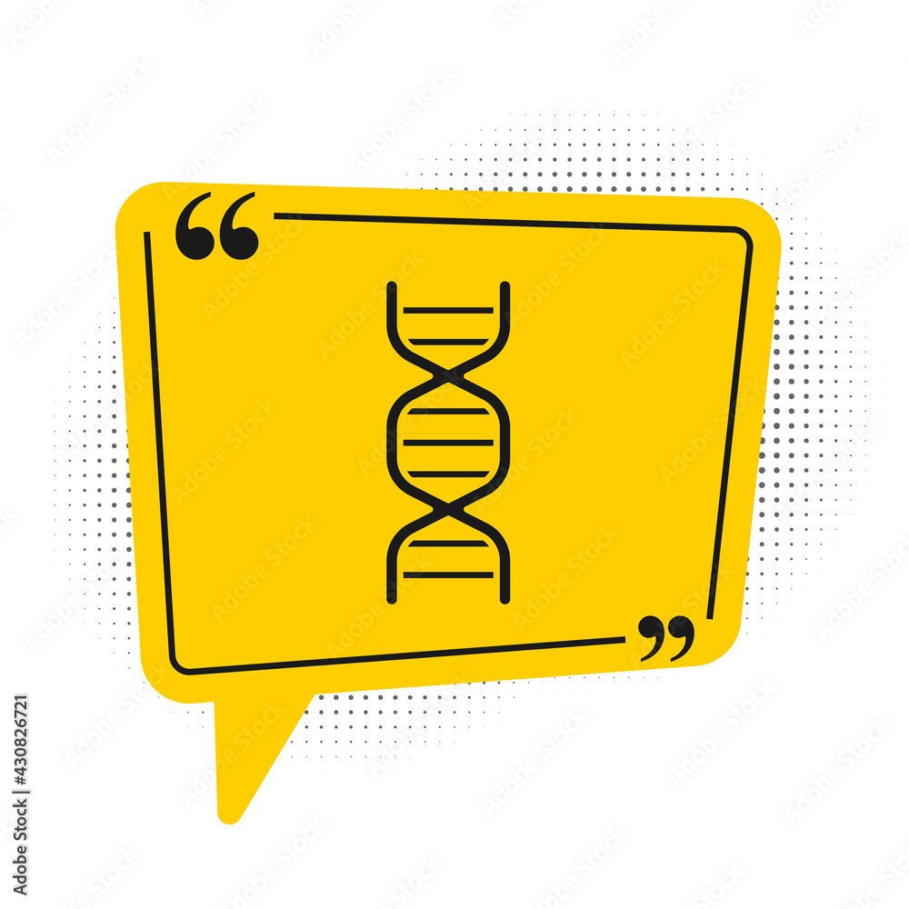 Black DNA symbol icon isolated on white background. Yellow speech bubble symbol. Vector