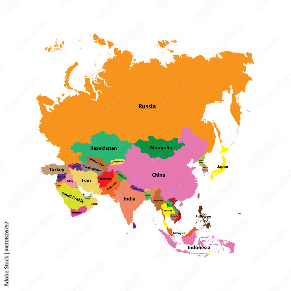 Obraz premium Asia map indicating the boundaries of each country.