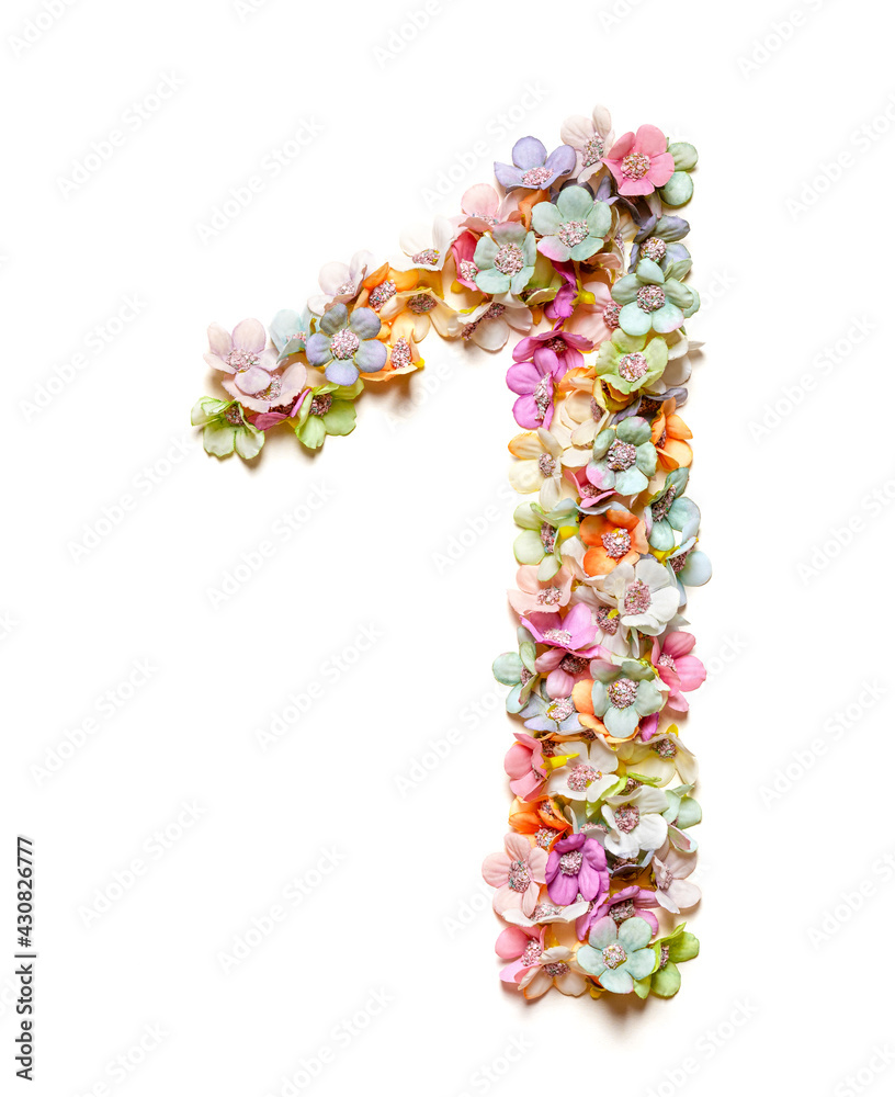Flowers number 1 one made of colorful flowers isolated on white. Floral numbers
