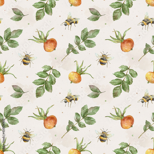 Fototapeta Naklejka Na Ścianę i Meble -  Watercolor seamless pattern with dog rose and bumblebee. Branch of rose hip, dog rose berries, rosehip flowers and leaves. Watercolor botanical illustration
